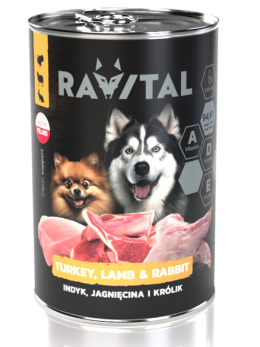 RAVITAL - Digest - Mokra karma dla psów - INDYK, JAGNIĘCINA, KRÓLIK - 400g